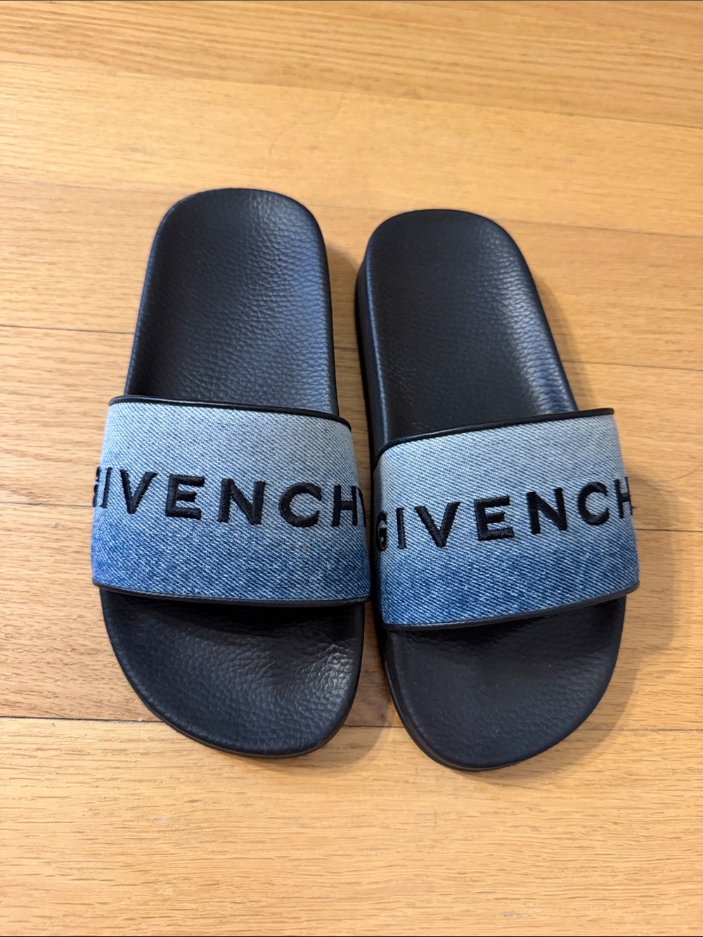 Givenchy Black Slides with Blue Denim Logo Strap